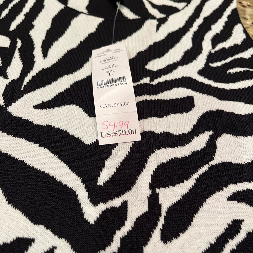 White House Black Market Fitted Black and White Halter Top Animal Print Sz Large - Picture 6 of 7